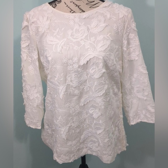 Talbots ivory on ivory floral  appliquéd blouse, fully-lined. Sz 10. Preowned. - Picture 1 of 13